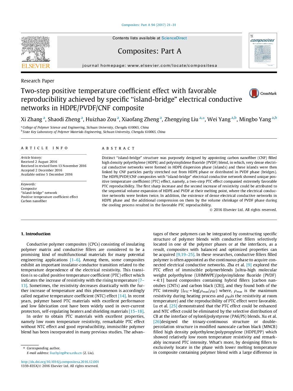 Two-step positive temperature coefficient effect with favorable reproducibility achieved by specific “island-bridge” electrical conductive networks in HDPE/PVDF/CNF composite