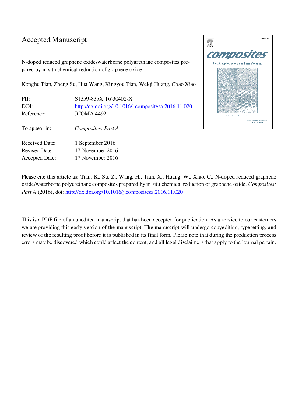 N-doped reduced graphene oxide/waterborne polyurethane composites prepared by in situ chemical reduction of graphene oxide