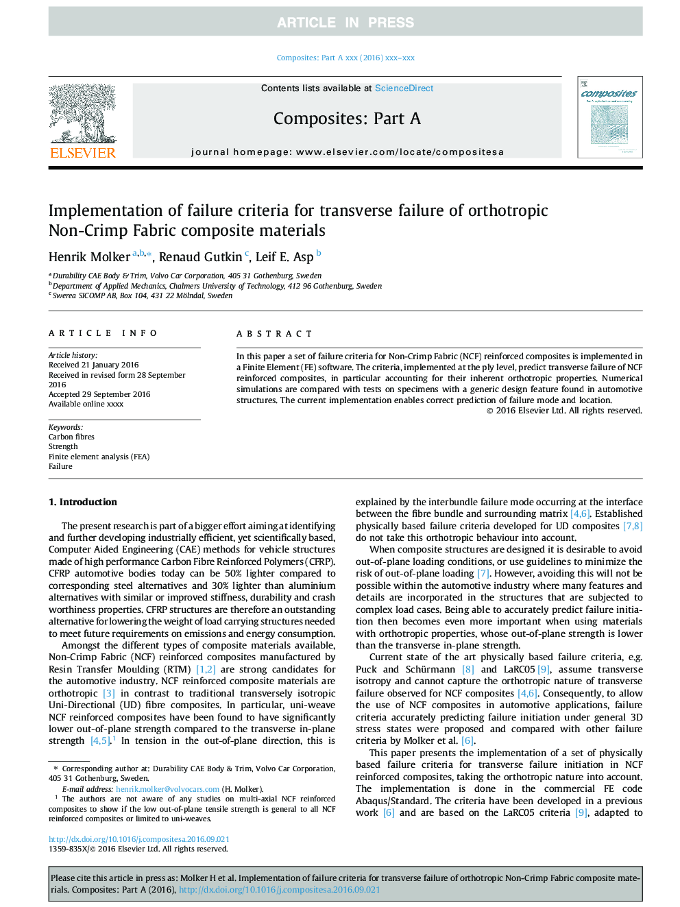 Implementation of failure criteria for transverse failure of orthotropic Non-Crimp Fabric composite materials