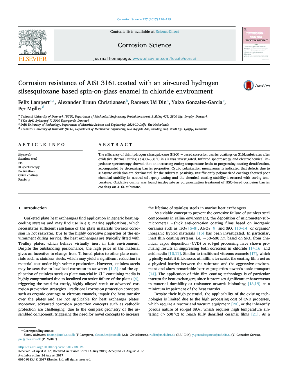 Corrosion resistance of AISI 316L coated with an air-cured hydrogen silsesquioxane based spin-on-glass enamel in chloride environment