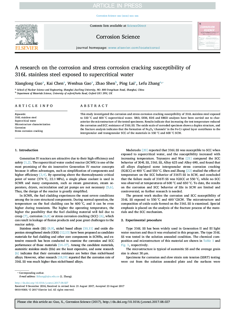 A research on the corrosion and stress corrosion cracking susceptibility of 316L stainless steel exposed to supercritical water