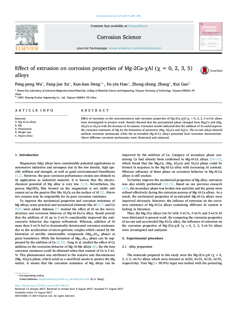 Effect of extrusion on corrosion properties of Mg-2Ca-ÏAl (ÏÂ =Â 0, 2, 3, 5) alloys