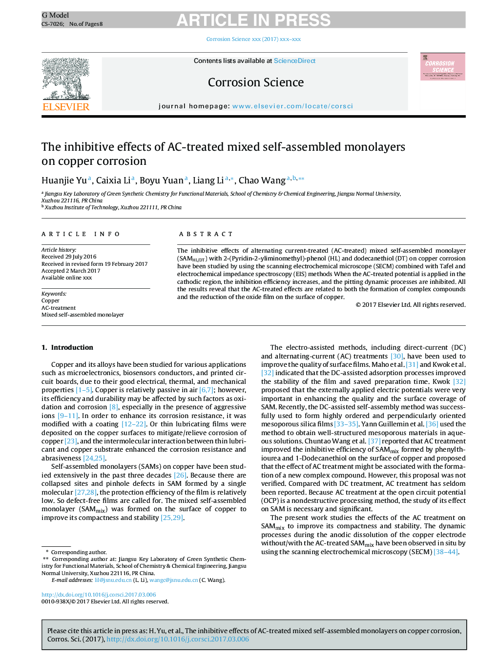 The inhibitive effects of AC-treated mixed self-assembled monolayers on copper corrosion