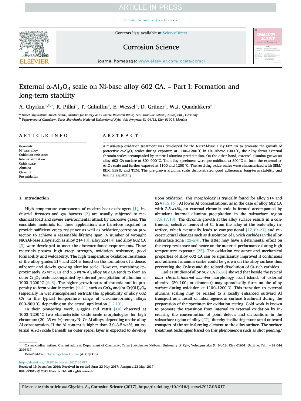 External Î±-Al2O3 scale on Ni-base alloy 602 CA. - Part I: Formation and long-term stability