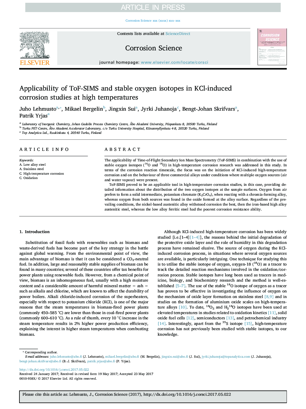 Applicability of ToF-SIMS and stable oxygen isotopes in KCl-induced corrosion studies at high temperatures