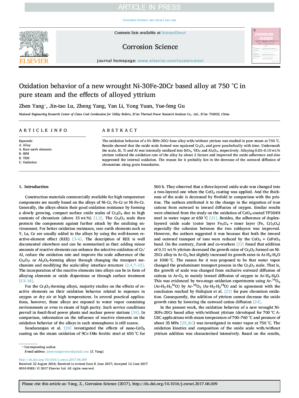 Oxidation behavior of a new wrought Ni-30Fe-20Cr based alloy at 750Â Â°C in pure steam and the effects of alloyed yttrium