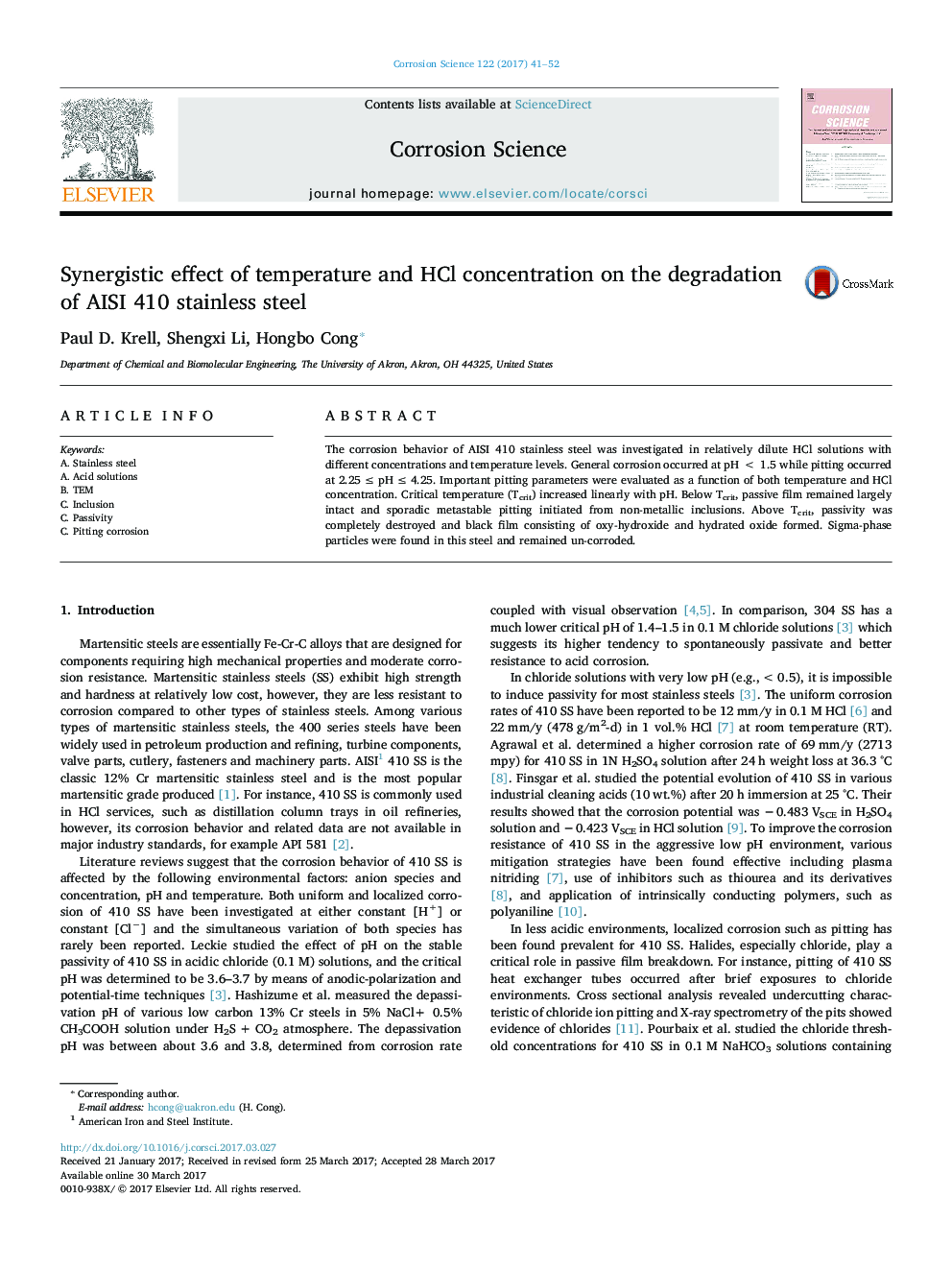 Synergistic effect of temperature and HCl concentration on the degradation of AISI 410 stainless steel