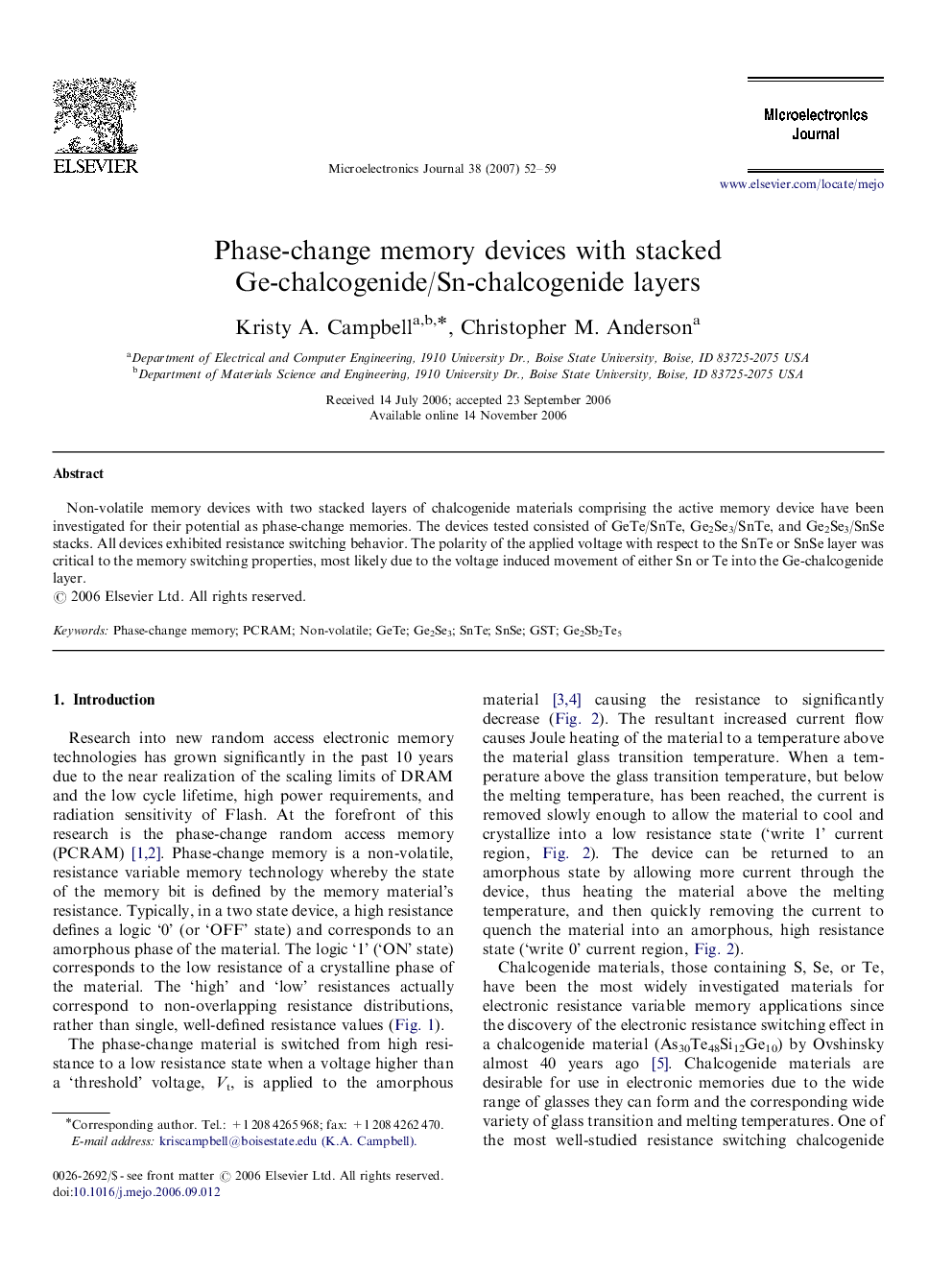 Phase-change memory devices with stacked Ge-chalcogenide/Sn-chalcogenide layers