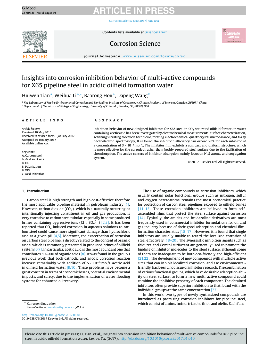 Insights into corrosion inhibition behavior of multi-active compounds for X65 pipeline steel in acidic oilfield formation water