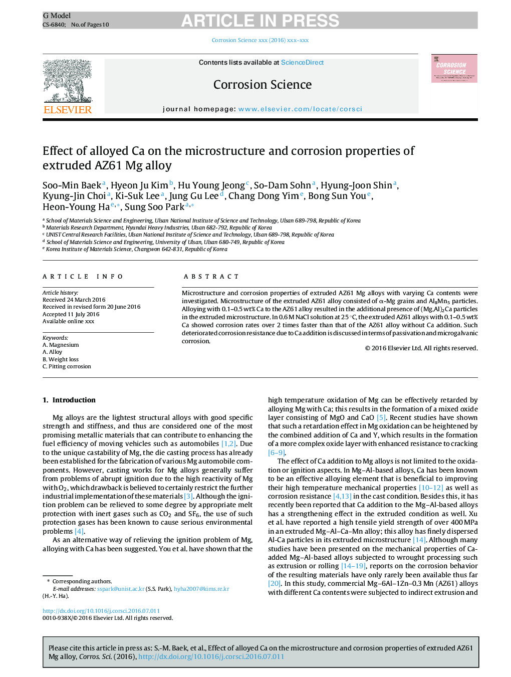 Effect of alloyed Ca on the microstructure and corrosion properties of extruded AZ61 Mg alloy