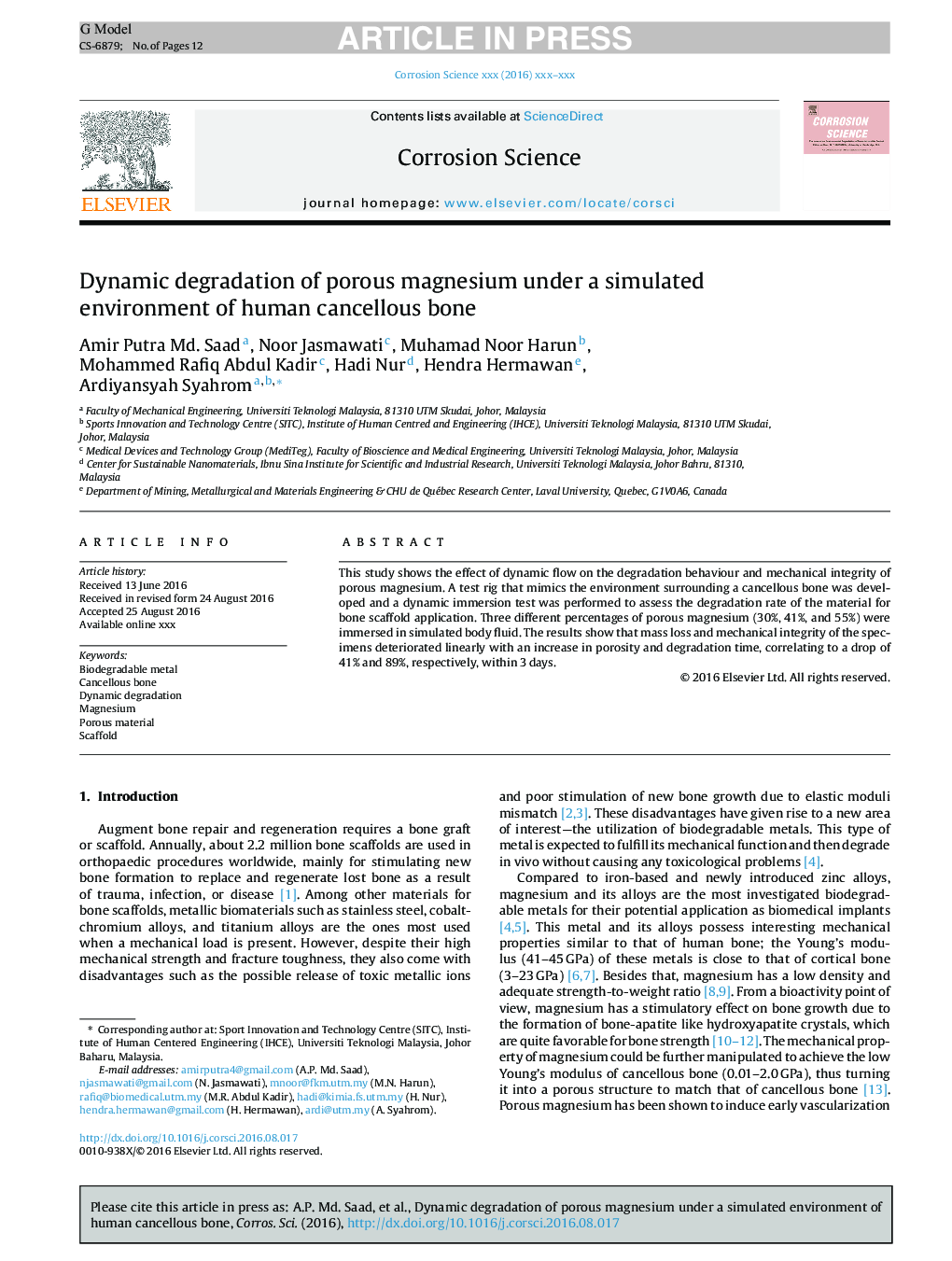 Dynamic degradation of porous magnesium under a simulated environment of human cancellous bone