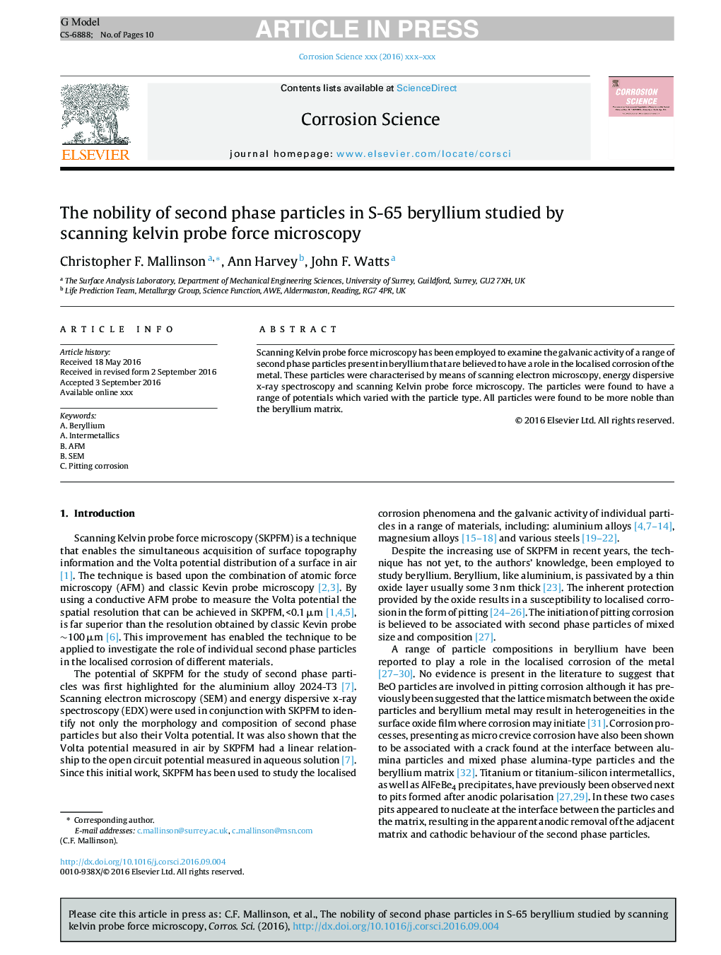 The nobility of second phase particles in S-65 beryllium studied by scanning kelvin probe force microscopy