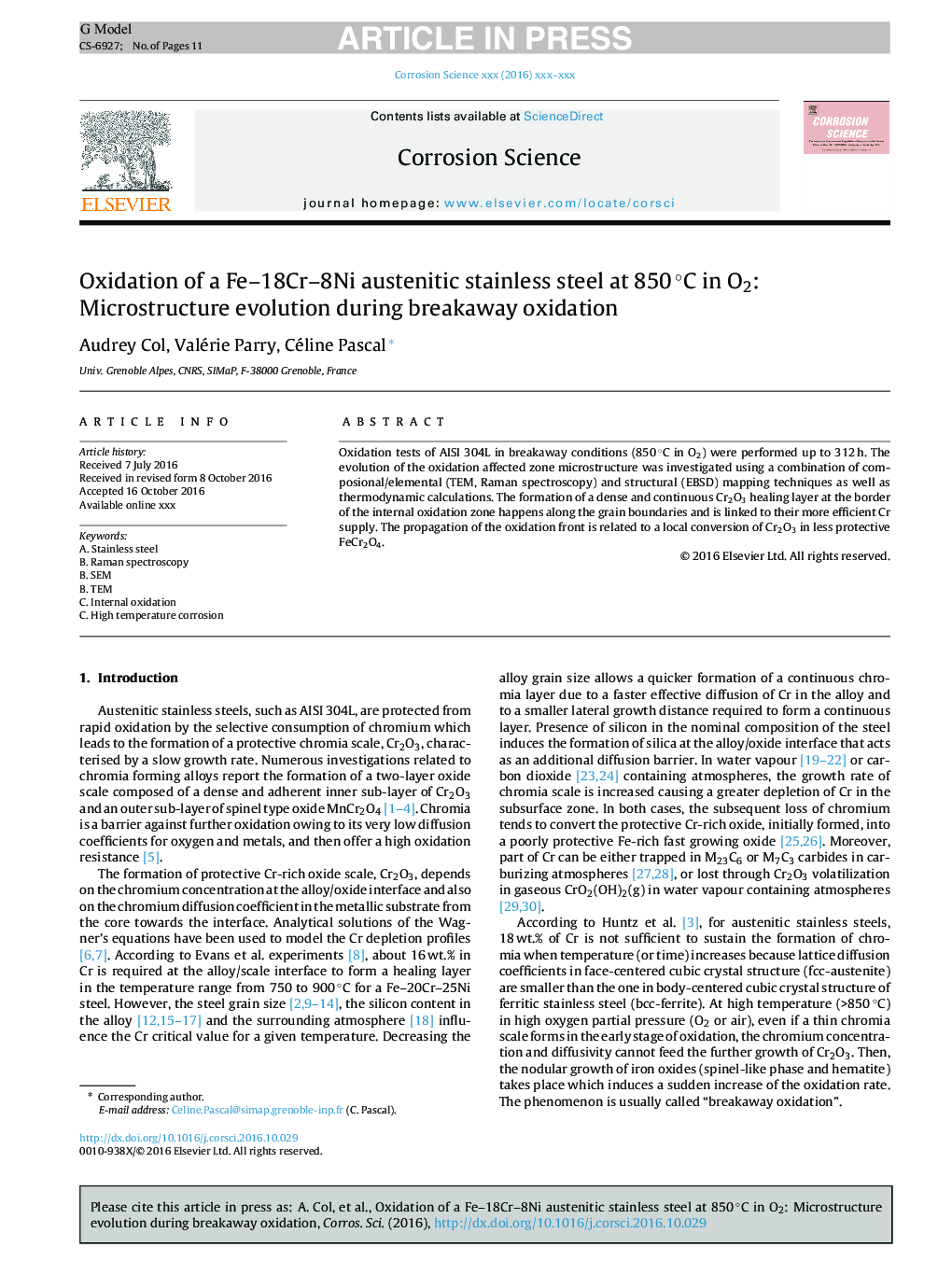 Oxidation of a Fe-18Cr-8Ni austenitic stainless steel at 850Â Â°C in O2: Microstructure evolution during breakaway oxidation