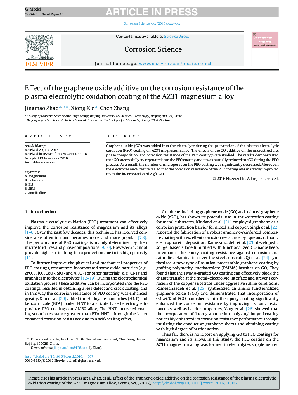 Effect of the graphene oxide additive on the corrosion resistance of the plasma electrolytic oxidation coating of the AZ31 magnesium alloy