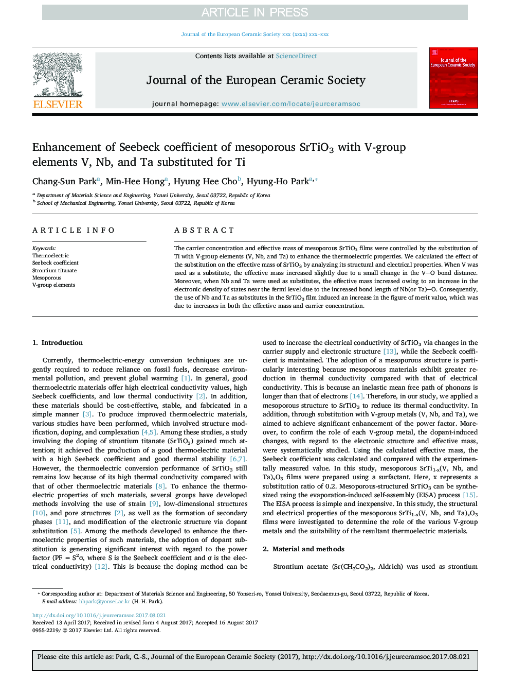 Enhancement of Seebeck coefficient of mesoporous SrTiO3 with V-group elements V, Nb, and Ta substituted for Ti