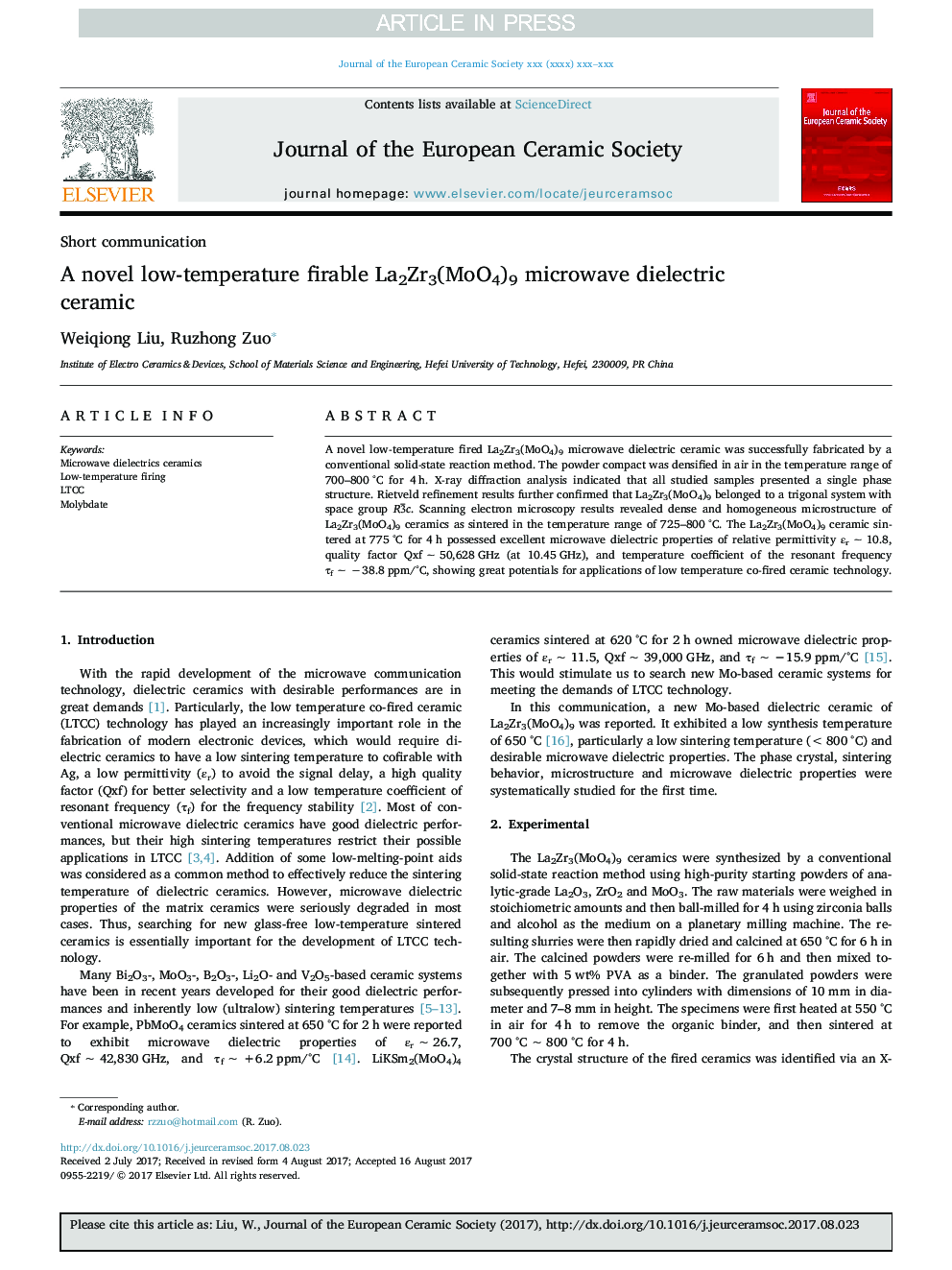 A novel low-temperature firable La2Zr3(MoO4)9 microwave dielectric ceramic