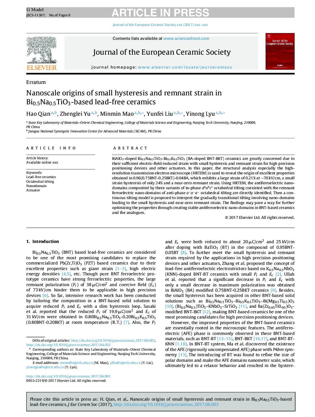 Nanoscale origins of small hysteresis and remnant strain in Bi0.5Na0.5TiO3-based lead-free ceramics