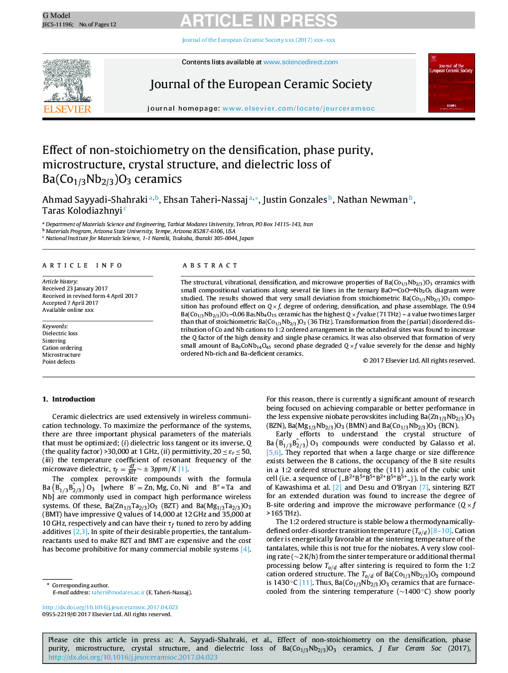 Effect of non-stoichiometry on the densification, phase purity, microstructure, crystal structure, and dielectric loss of Ba(Co1/3Nb2/3)O3 ceramics