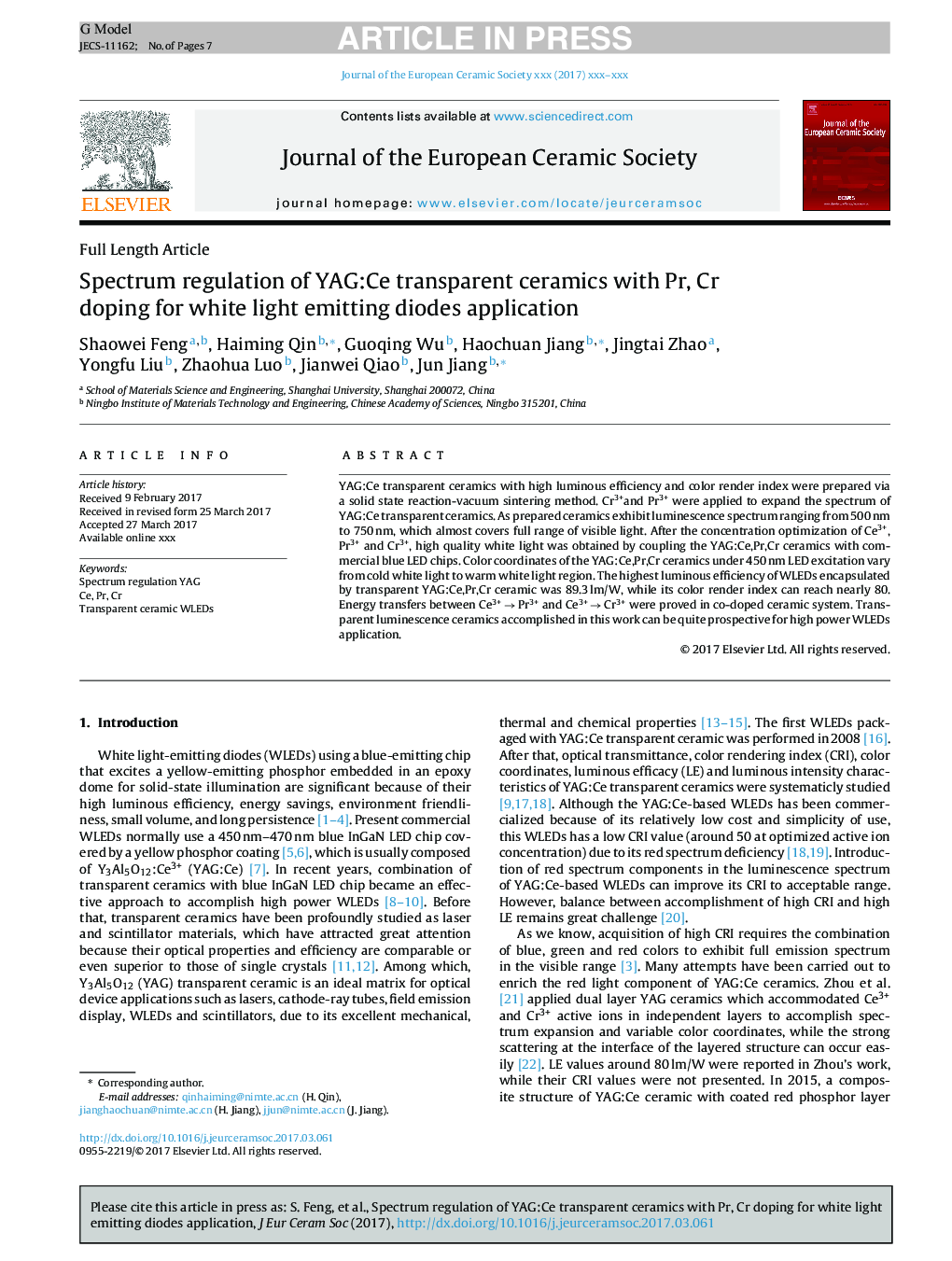 عکس صفحه اول مقاله: Spectrum regulation of YAG:Ce transparent ceramics with Pr, Cr doping for white light emitting diodes application Spectrum regulation of YAG:Ce transparent ceramics with Pr, Cr doping for white light emitting diodes application