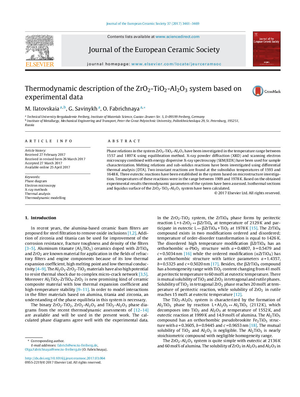 Thermodynamic description of the ZrO2-TiO2-Al2O3 system based on experimental data