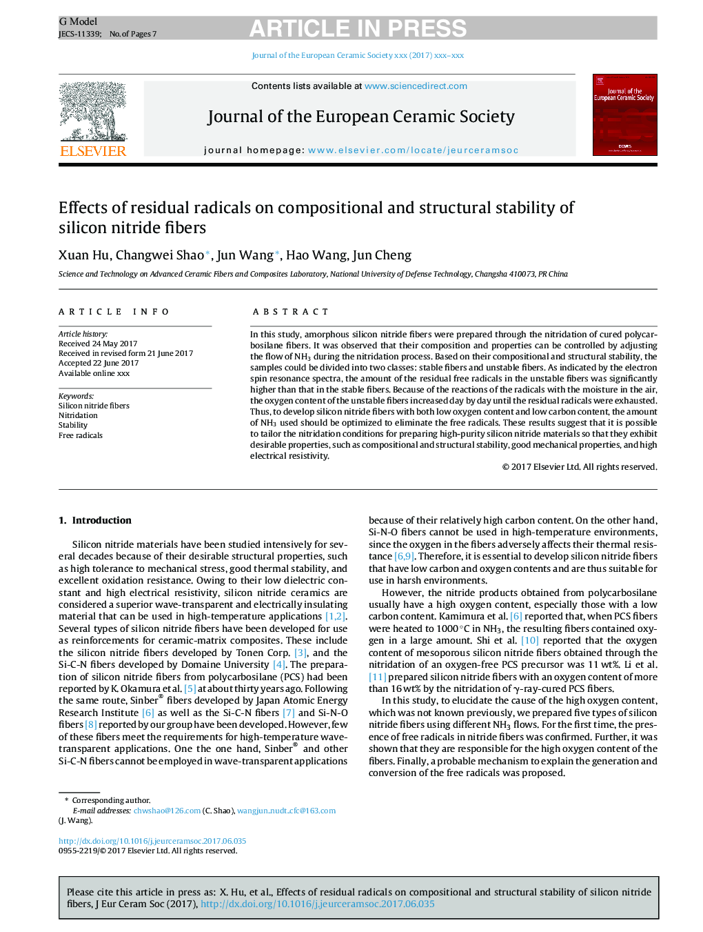 Effects of residual radicals on compositional and structural stability of silicon nitride fibers