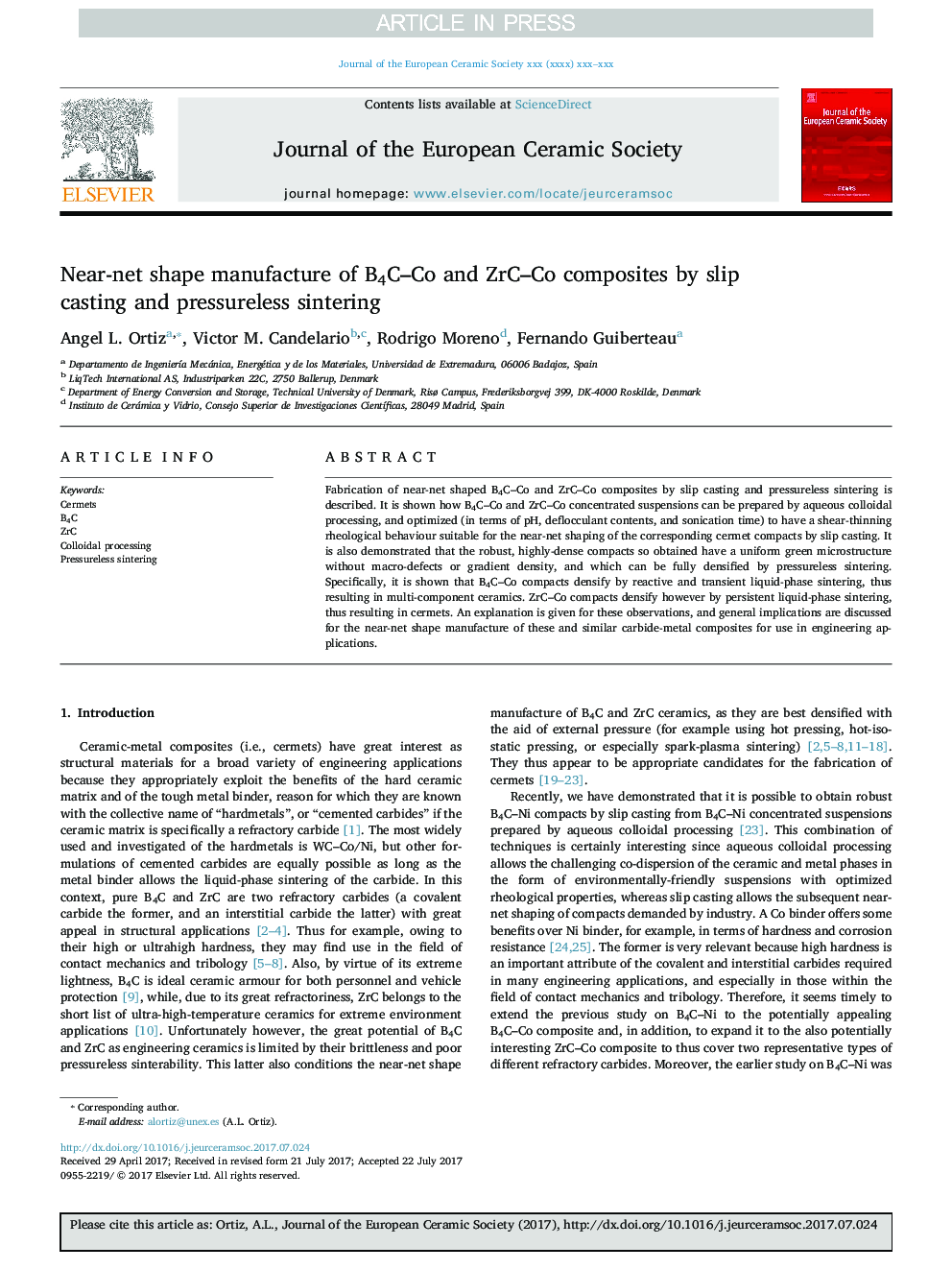 Near-net shape manufacture of B4C-Co and ZrC-Co composites by slip casting and pressureless sintering