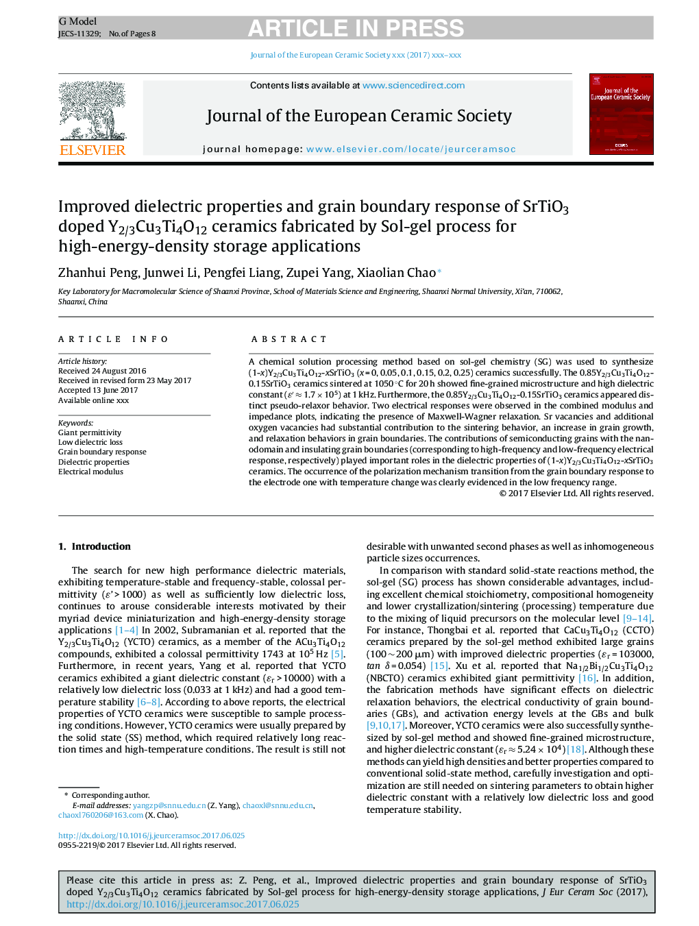 Improved dielectric properties and grain boundary response of SrTiO3 doped Y2/3Cu3Ti4O12 ceramics fabricated by Sol-gel process for high-energy-density storage applications