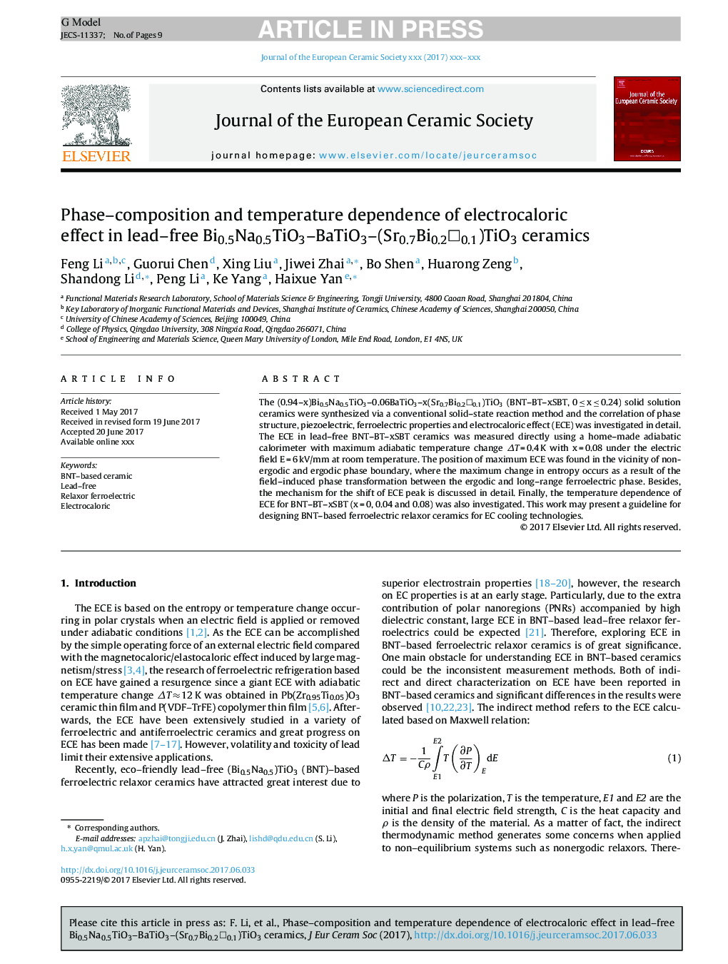 Phase-composition and temperature dependence of electrocaloric effect in lead-free Bi0.5Na0.5TiO3-BaTiO3-(Sr0.7Bi0.2â¡0.1)TiO3 ceramics