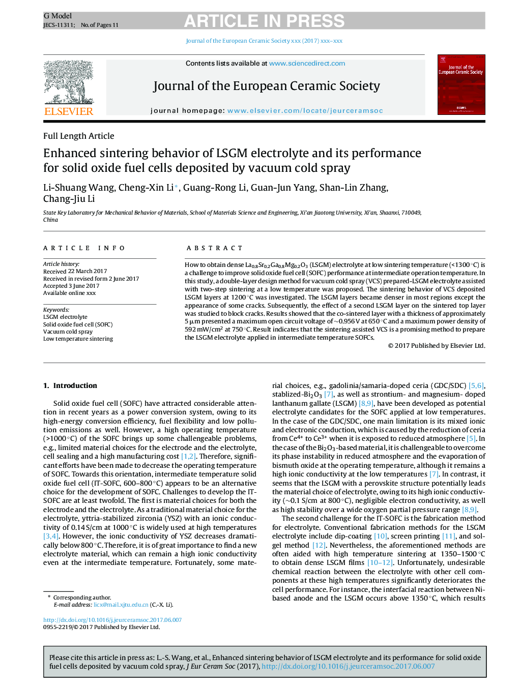 Enhanced sintering behavior of LSGM electrolyte and its performance for solid oxide fuel cells deposited by vacuum cold spray