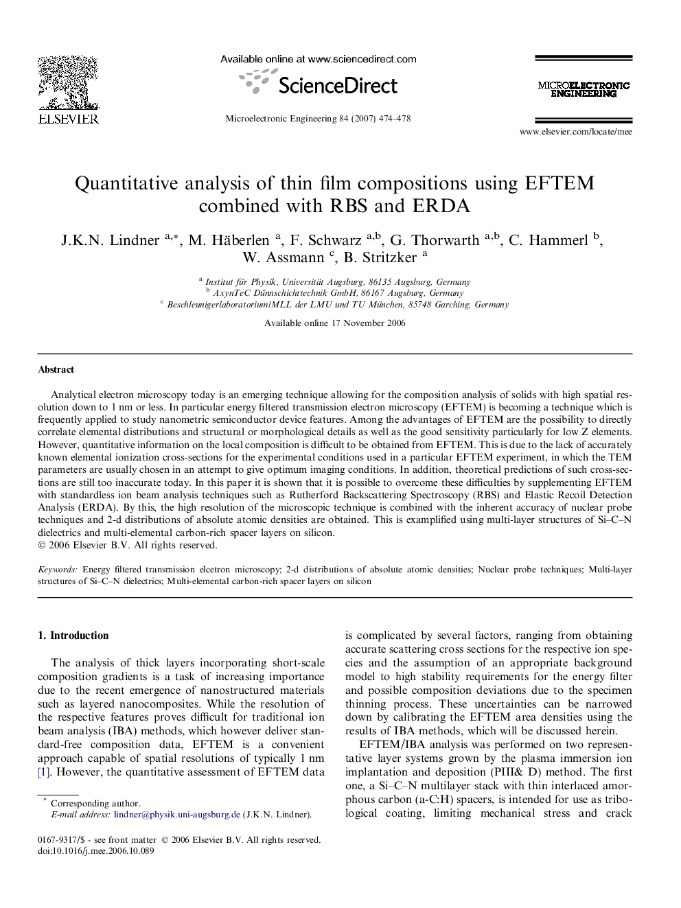 Quantitative analysis of thin film compositions using EFTEM combined with RBS and ERDA