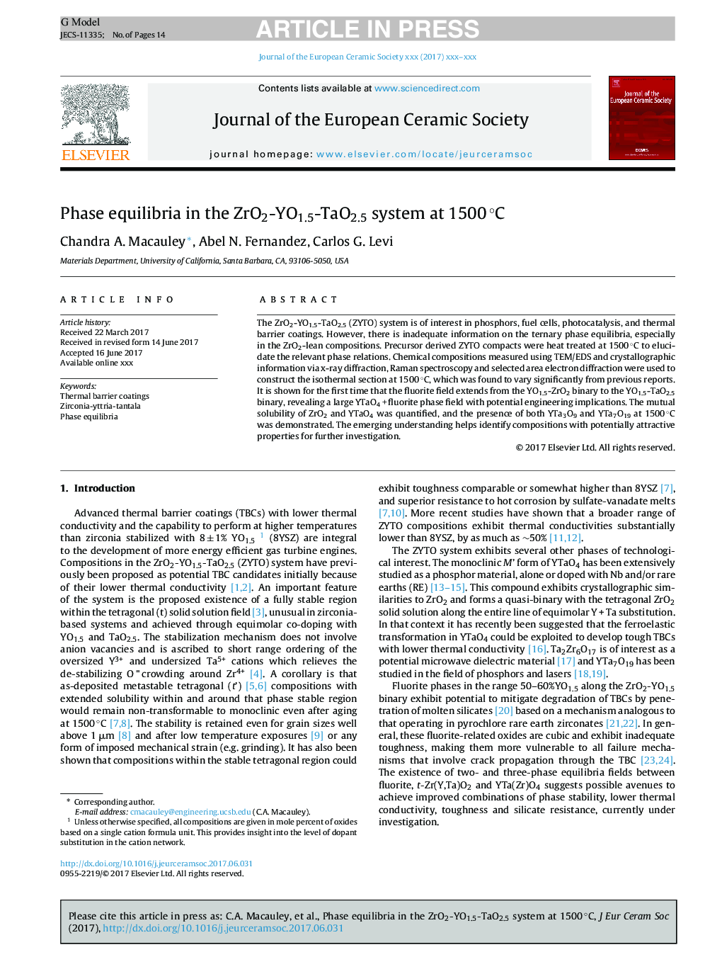 Phase equilibria in the ZrO2-YO1.5-TaO2.5 system at 1500Â Â°C