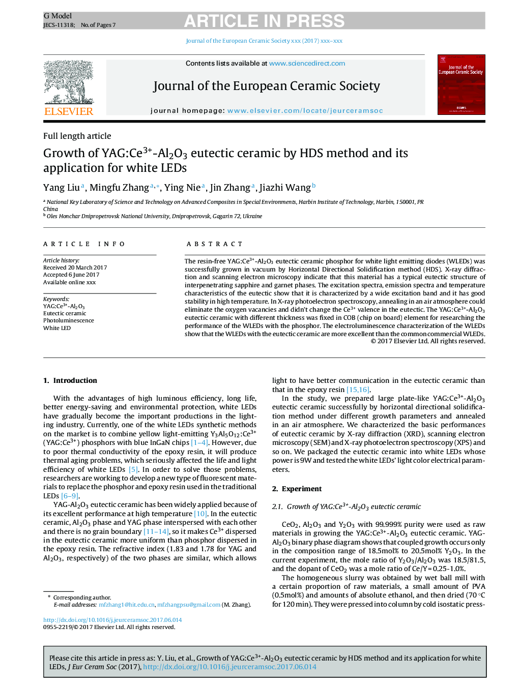 Growth of YAG:Ce3+-Al2O3 eutectic ceramic by HDS method and its application for white LEDs