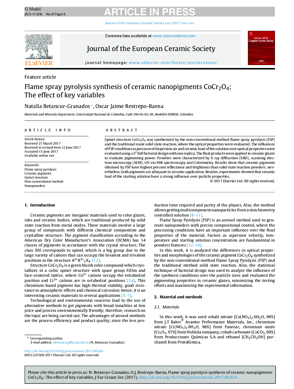 Flame spray pyrolysis synthesis of ceramic nanopigments CoCr2O4: The effect of key variables