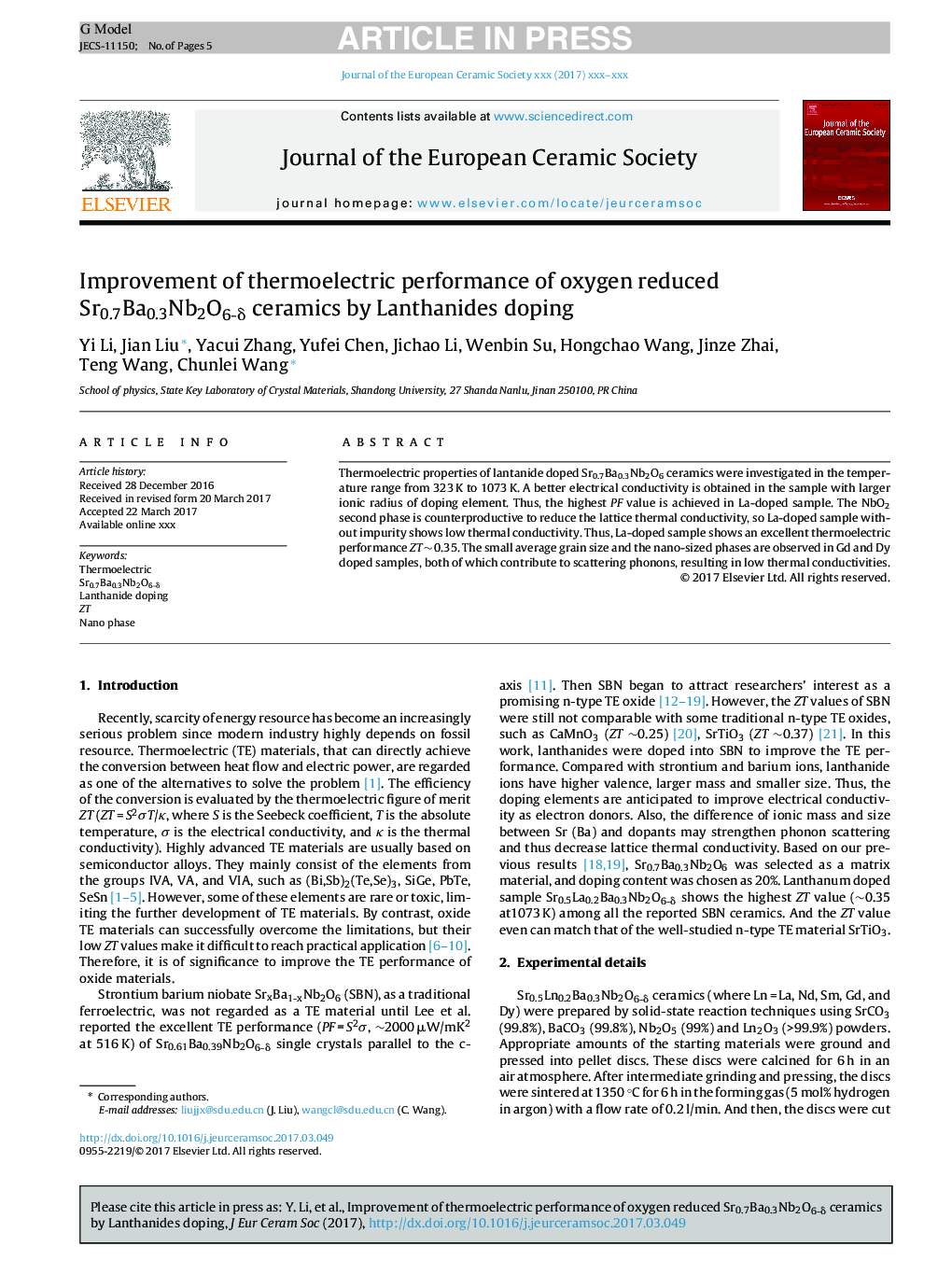 Improvement of thermoelectric performance of oxygen reduced Sr0.7Ba0.3Nb2O6-Î´ ceramics by Lanthanides doping