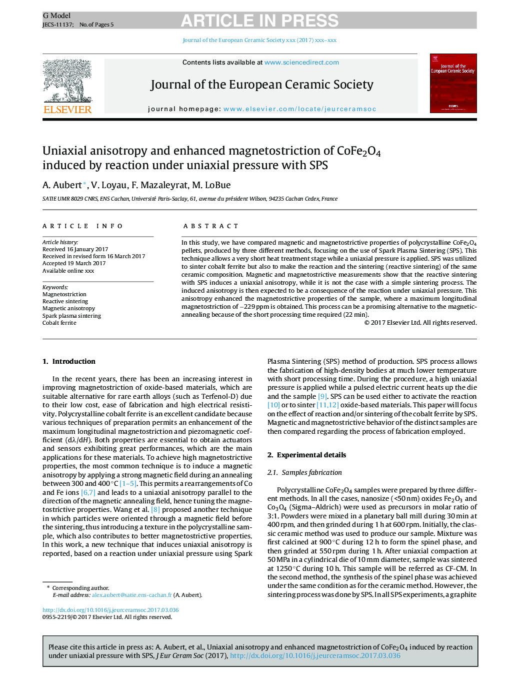 Uniaxial anisotropy and enhanced magnetostriction of CoFe2O4 induced by reaction under uniaxial pressure with SPS