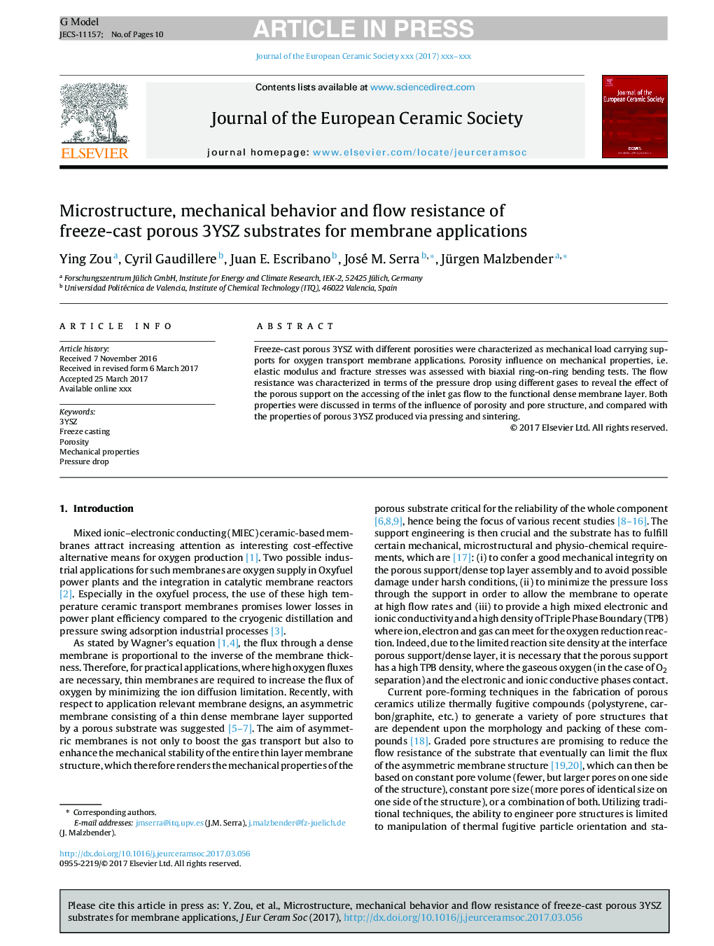 Microstructure, mechanical behavior and flow resistance of freeze-cast porous 3YSZ substrates for membrane applications