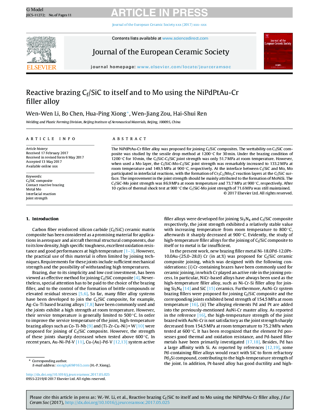 Reactive brazing Cf/SiC to itself and to Mo using the NiPdPtAu-Cr filler alloy