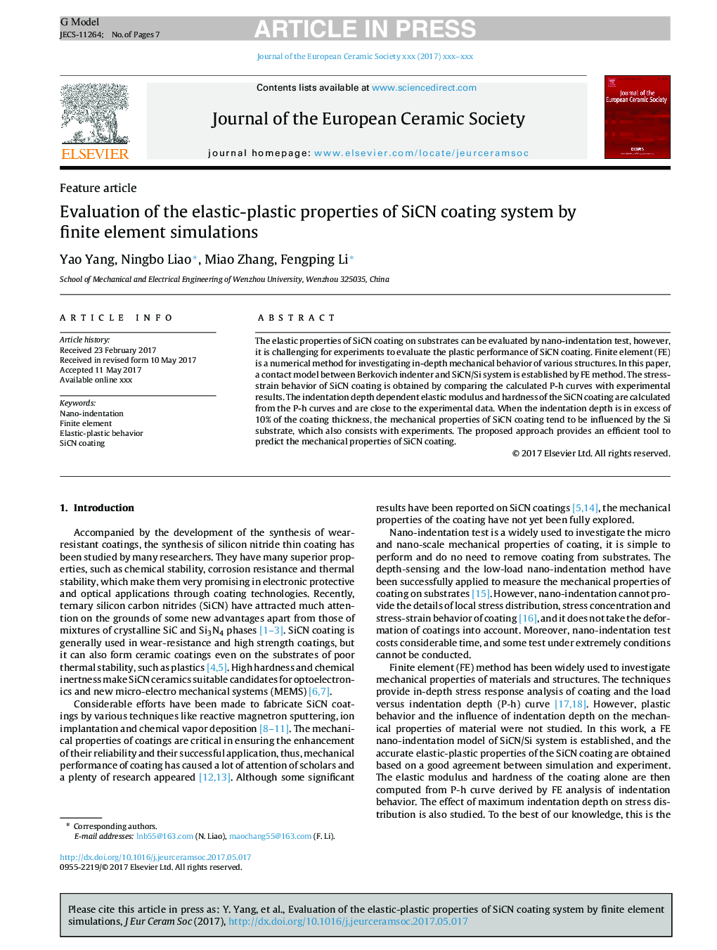 Evaluation of the elastic-plastic properties of SiCN coating system by finite element simulations