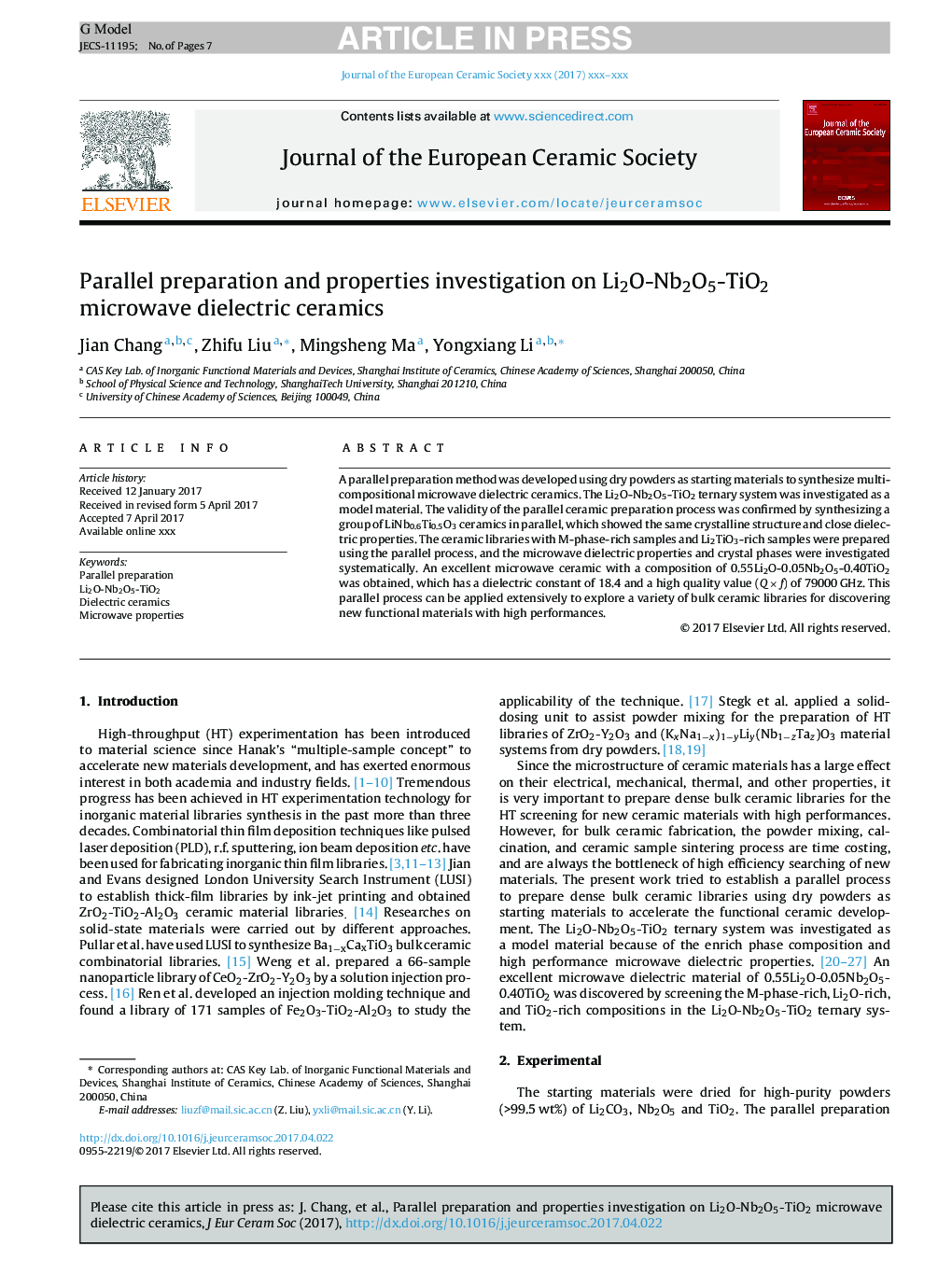 Parallel preparation and properties investigation on Li2O-Nb2O5-TiO2 microwave dielectric ceramics