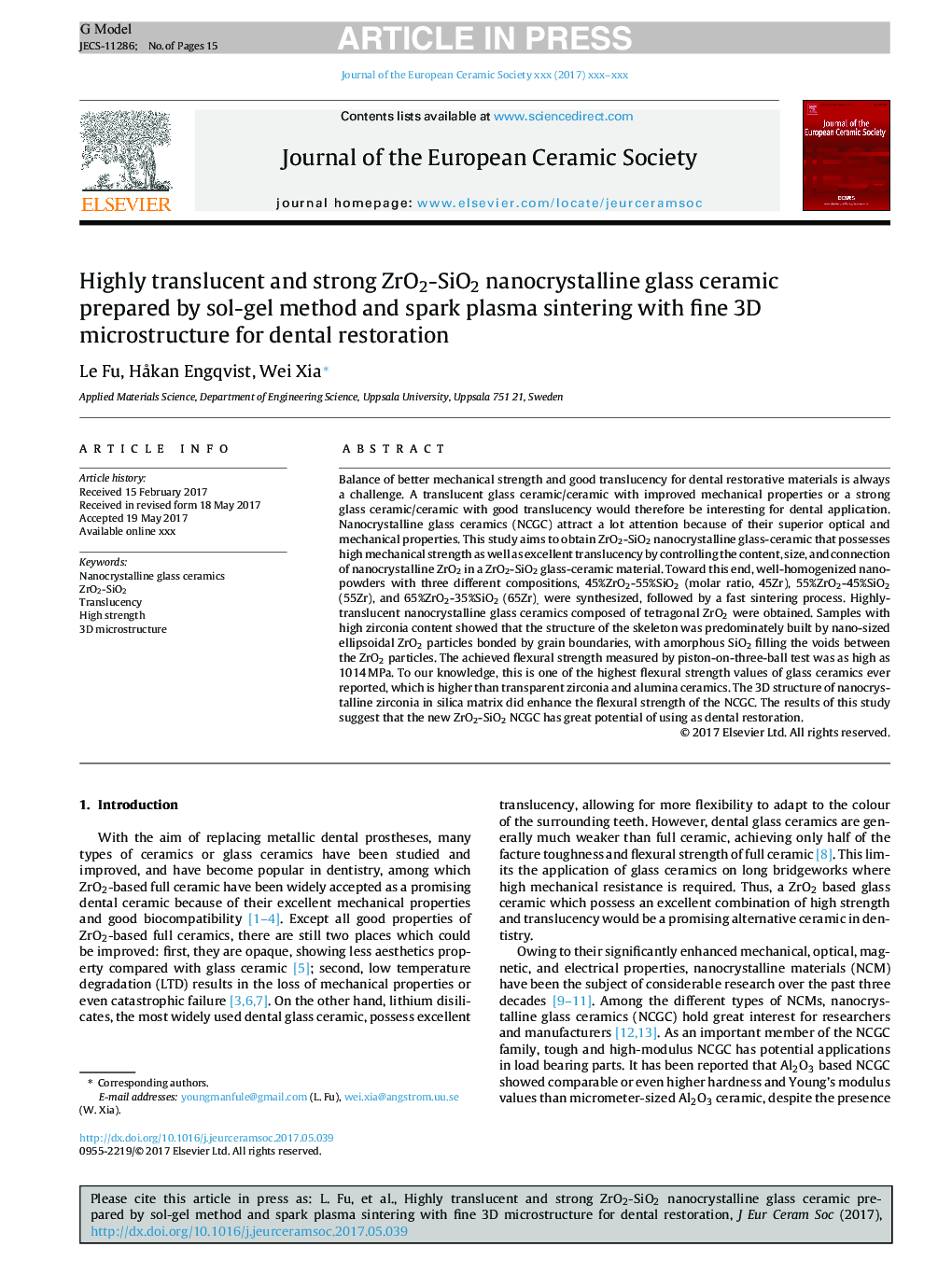 Highly translucent and strong ZrO2-SiO2 nanocrystalline glass ceramic prepared by sol-gel method and spark plasma sintering with fine 3D microstructure for dental restoration