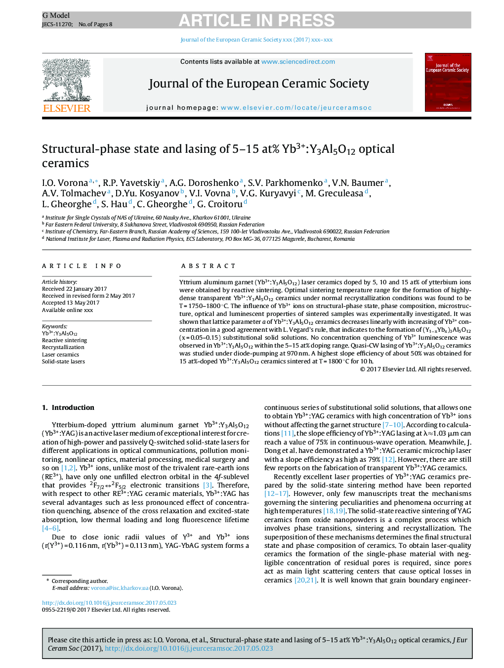 Structural-phase state and lasing of 5-15 at% Yb3+:Y3Al5O12 optical ceramics