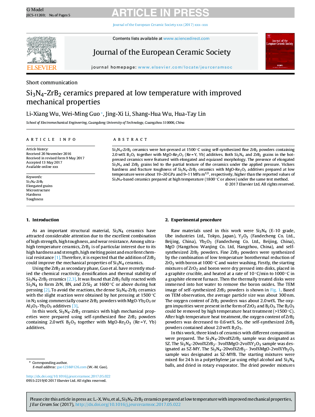 Si3N4-ZrB2 ceramics prepared at low temperature with improved mechanical properties