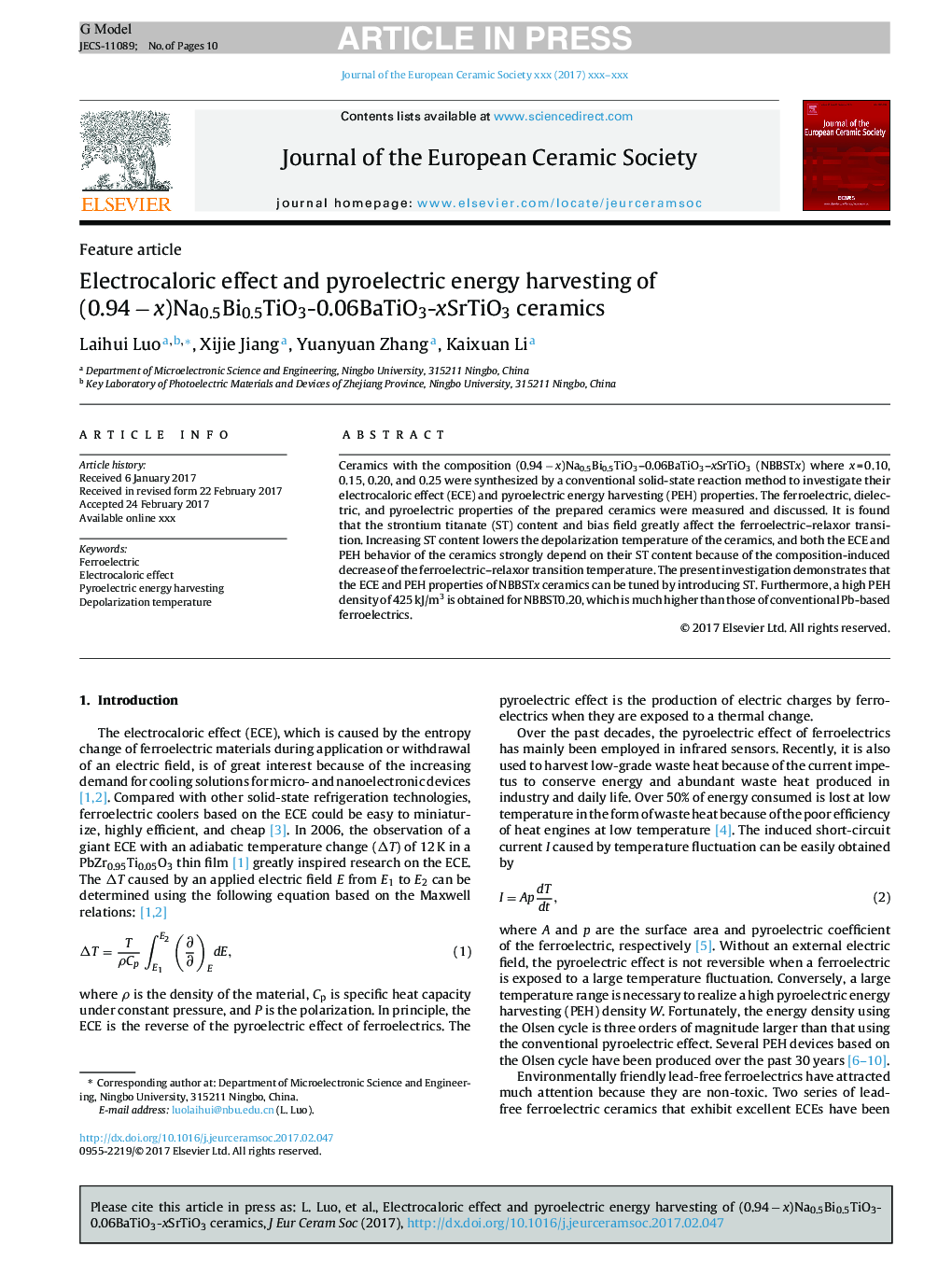 Electrocaloric effect and pyroelectric energy harvesting of (0.94Â âÂ x)Na0.5Bi0.5TiO3-0.06BaTiO3-xSrTiO3 ceramics