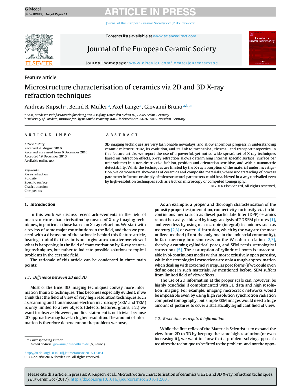 Microstructure characterisation of ceramics via 2D and 3D X-ray refraction techniques