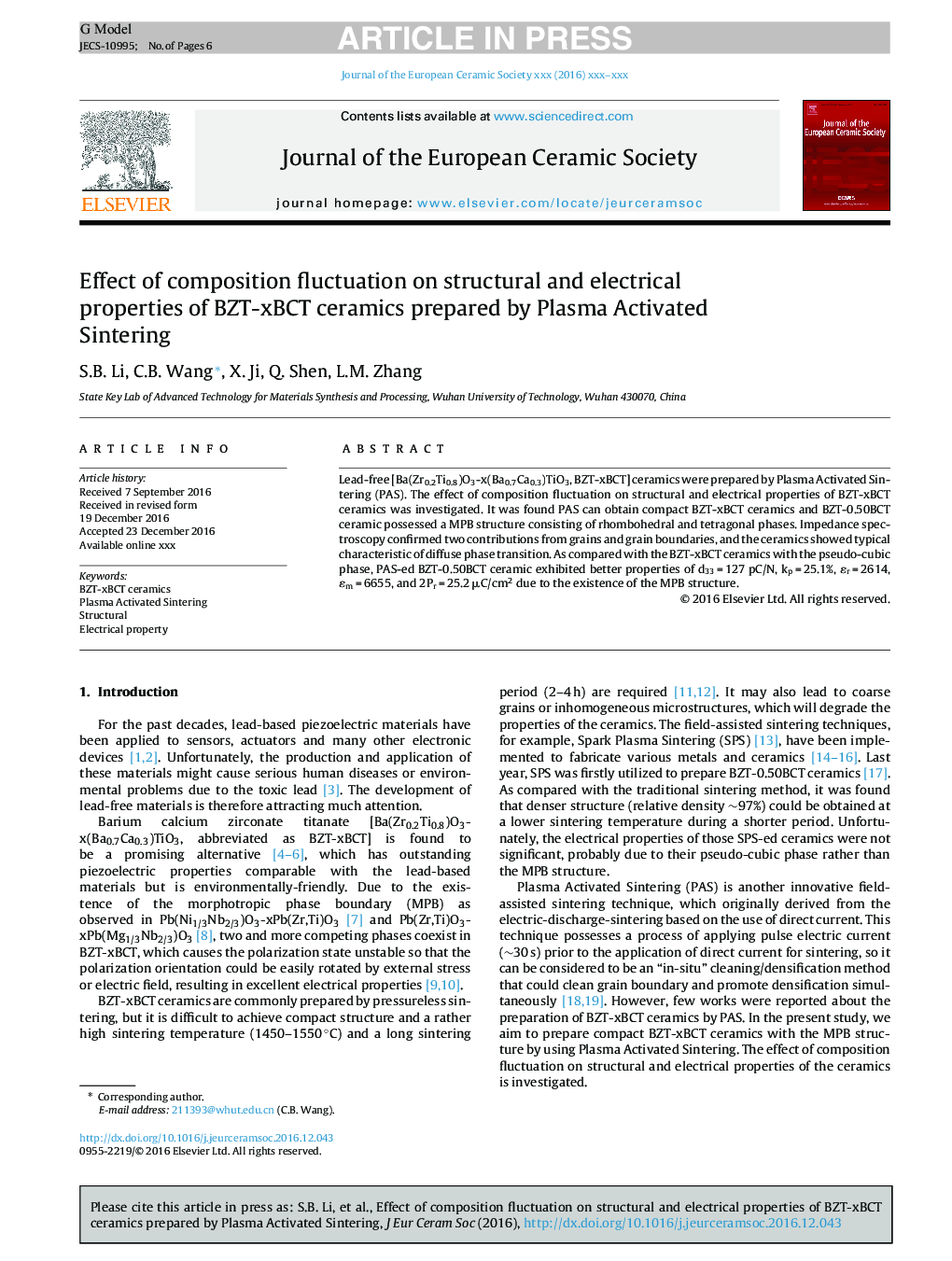 Effect of composition fluctuation on structural and electrical properties of BZT-xBCT ceramics prepared by Plasma Activated Sintering