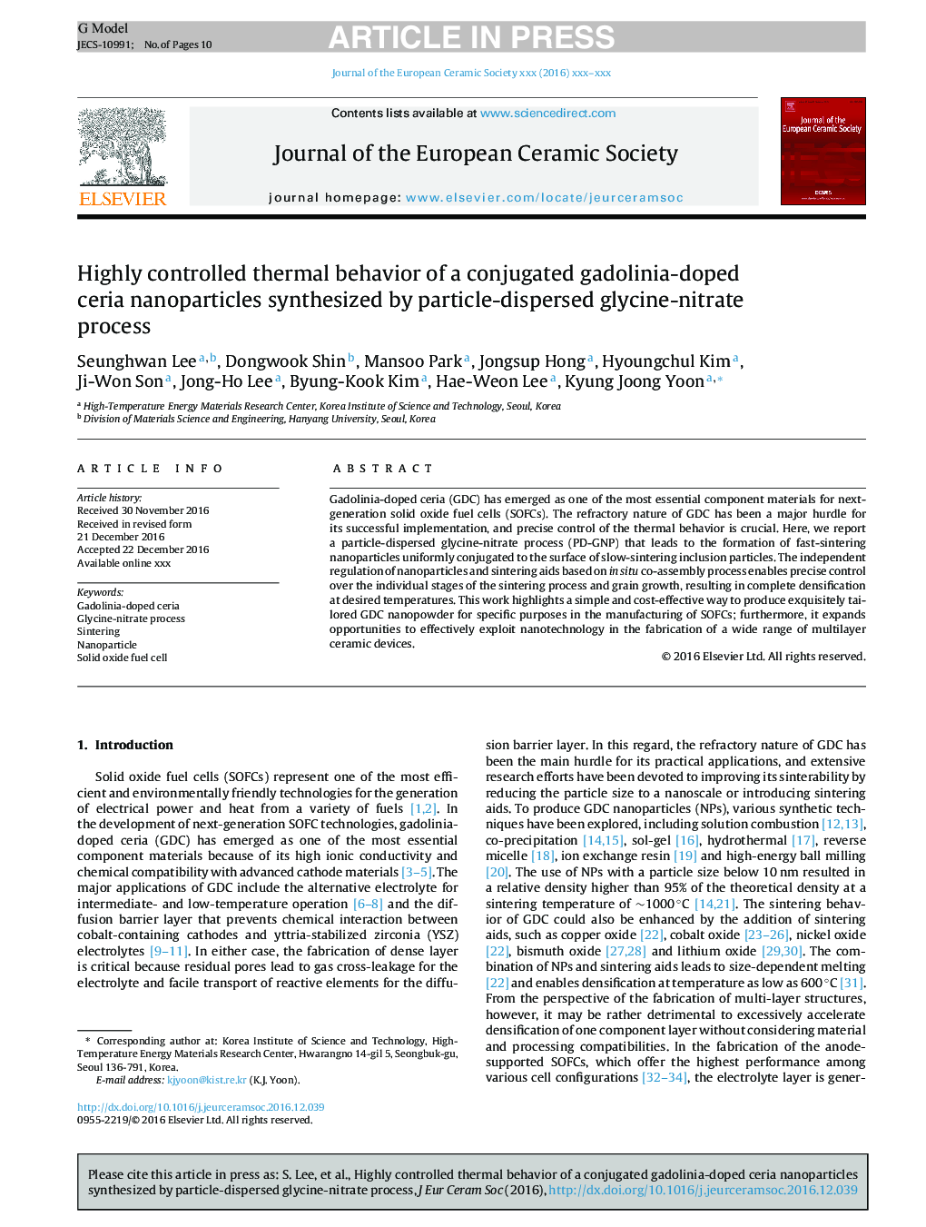 Highly controlled thermal behavior of a conjugated gadolinia-doped ceria nanoparticles synthesized by particle-dispersed glycine-nitrate process