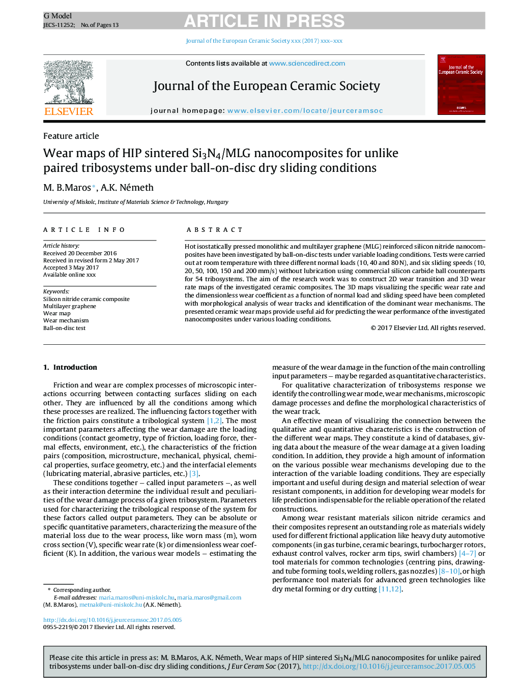 Wear maps of HIP sintered Si3N4/MLG nanocomposites for unlike paired tribosystems under ball-on-disc dry sliding conditions