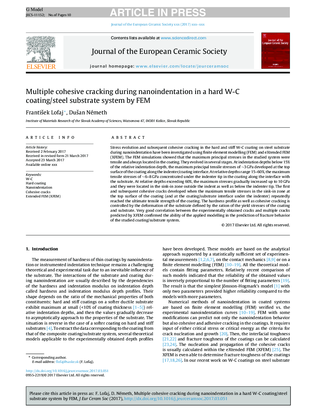 Multiple cohesive cracking during nanoindentation in a hard W-C coating/steel substrate system by FEM