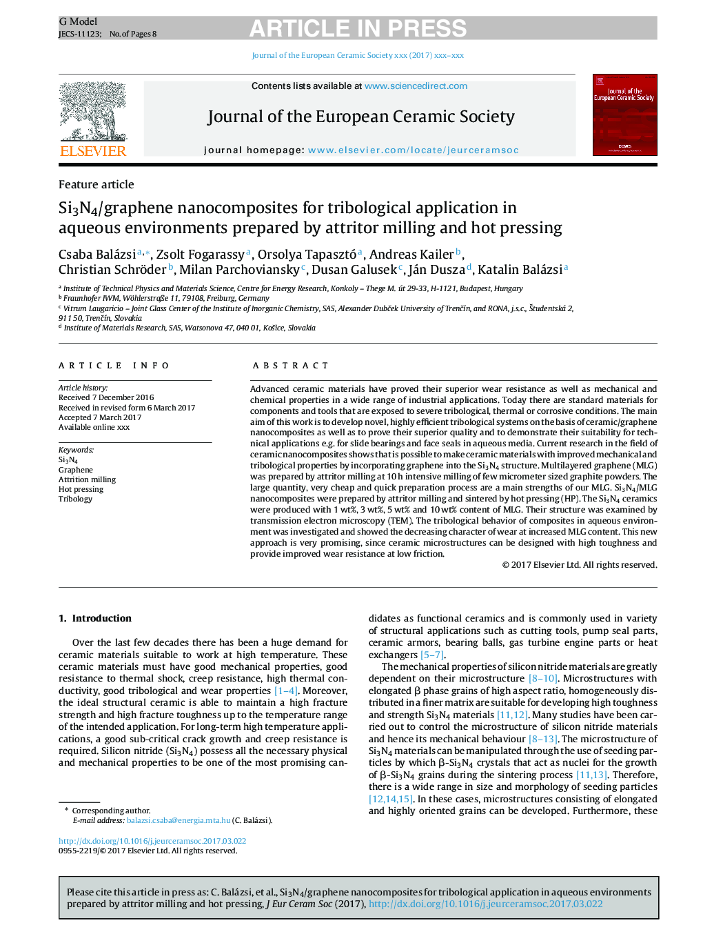 Si3N4/graphene nanocomposites for tribological application in aqueous environments prepared by attritor milling and hot pressing