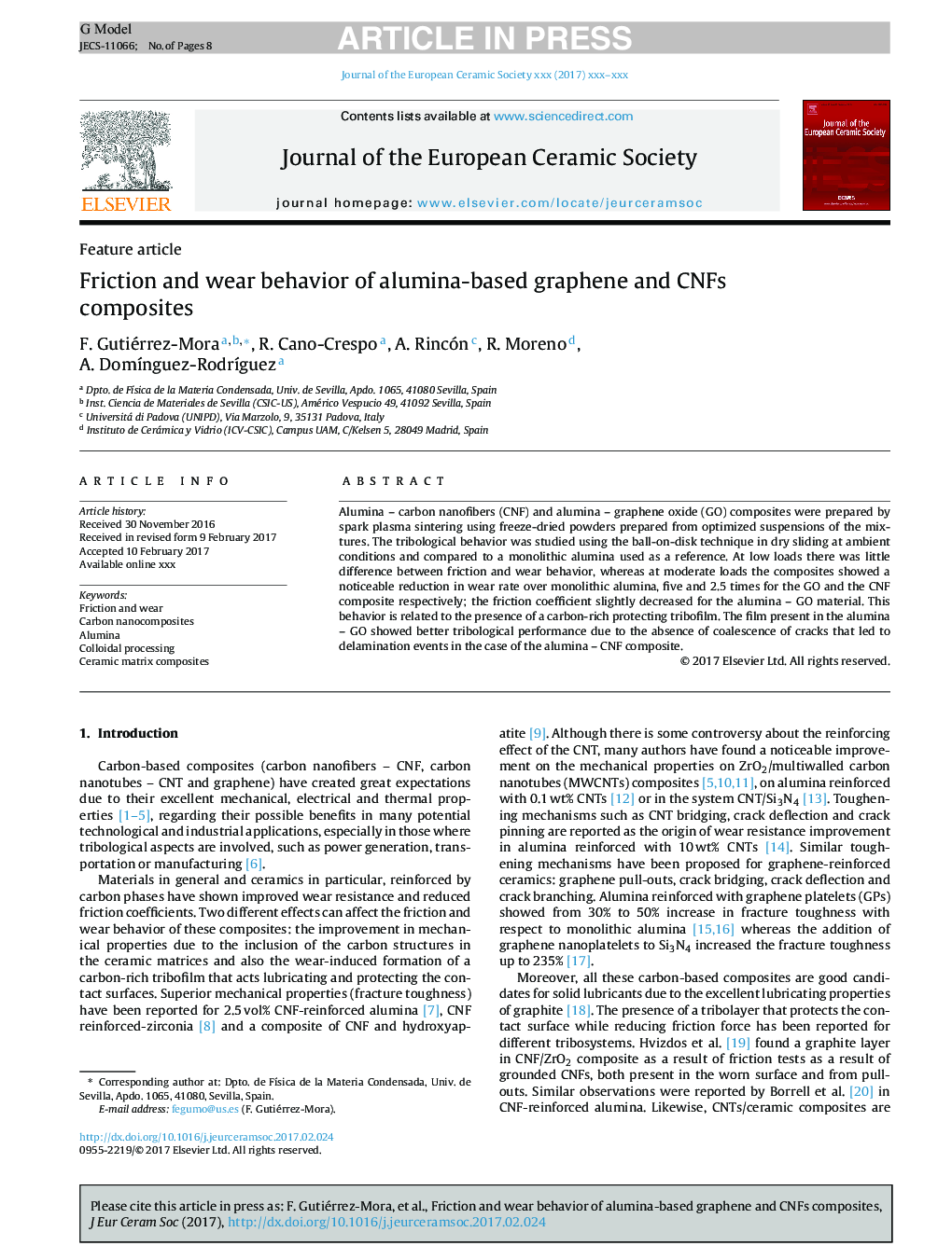 Friction and wear behavior of alumina-based graphene and CNFs composites